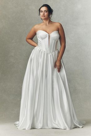 Watters Carina Strapless Plunged Basque-Waist Fit & Flare Satin Wedding Gown