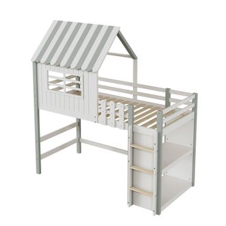 STILVORA Cama Casita 90 X 200 Cm Con Escalera De Seguridad Y Estante, Sin Colch&oacute;n, De Madera Maciza, Verde