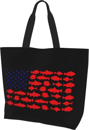AOOEDM Fish Fishing American Flag Ladies Canvas Tote Reusable Shopping Bag