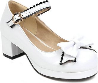 Generic Womens Sweet Mary Jane Pumps Platform Chunky Heel Lolita Shoes with Bow-Knot,White,5.5 UK