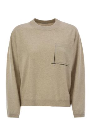 Brunello Cucinelli Zijdeachtige Trui van Virgin Wool Kameel met Glanzende Zakdetails