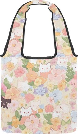 Generic Cute Cartoon Kitten Reversible Canvas Shoulder Tote - Double-Sided Print, 12oz Cotton, 27cm Drop, Fold-Flat Bag for Travel, Shopping, Street Outings