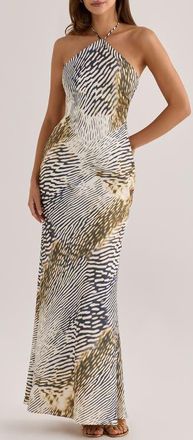 House of CB Luna Animal Print Satin Halter Gown at Nordstrom, Size X-Large