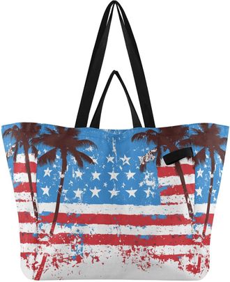 Generic Usa Flag Palm Blue pattern Reusable Canvas Tote Bag, Heavy Duty Grocery Shopping Bag with Large Capacity Double Handles Hard Bottom Work Groceries Tra