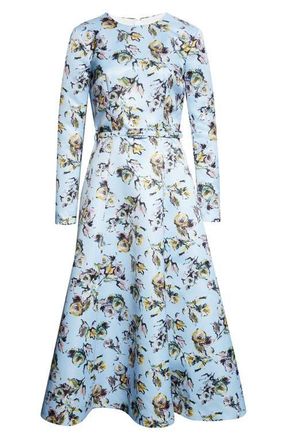 Emilia Wickstead Capucine Floral Long Sleeve Belted Genzianella Sateen Midi Dress in Floral Green/yellow On Blue at Nordstrom, Size 10 Us
