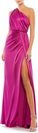 Mac Duggal Gathered One Shoulder Satin Faux Wrap Gown in Berry at Nordstrom, Size 10