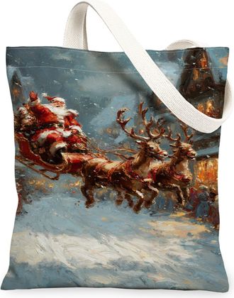 Generic Christmas Santa Canvas Tote Bags, Holiday Vintage Art Reusable Grocery Bags, Winter Lightweight Washable Shoulder Strap Can, Red, 13x15 Inch