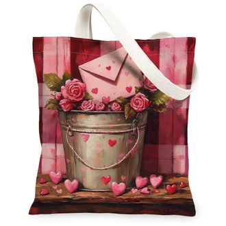 Generic Valentines Floral Canvas Tote Bags, Heart Pattern Reusable Grocery Bags, Vintage Lightweight Washable Shoulder Strap for Shopping Travel 13x15 Inch