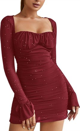 Generic Womens Sheer Long Sleeve Sequin Bodycon Mini Dress Sexy Sparkly Ruched Mesh Party Going Out Dress