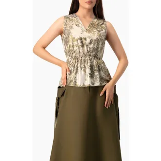 Ivonne Sleeveless Peplum Blouse in Abstract Botanical Print in Olive Green at Nordstrom, Size 12