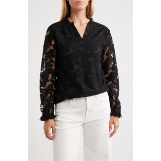 Nikki Lund Kang Lace Appliqu&eacute; Split Neck Top in Black at Nordstrom, Size X-Small