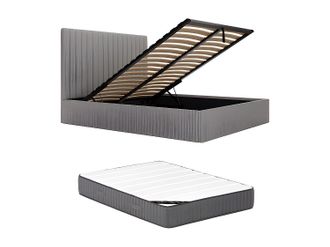 Vente-Unique Canap&eacute; abatible de 160 x 200 cm con cabecero acolchado de costuras verticales - Pana - Gris + Colch&oacute;n - SARAH