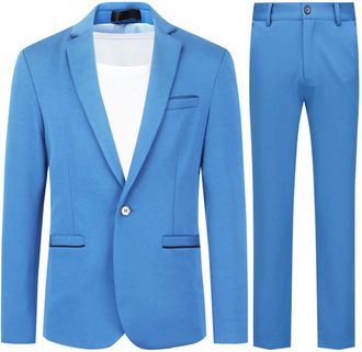 AlltheMen Mens 2 Pieces Suit Casual 1 Button Dress Suits Solid Color Stylish Wedding Dress Suit Blue XL