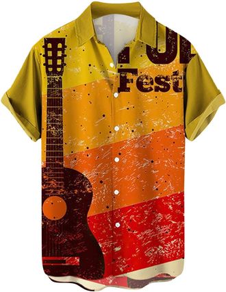 Generic Short Sleeve Button Up Shirt Men, Summer Cool Shirts/Beach Shirt with Lapel Collar Music Note Prints Shirts Tops Lightweight Breathable Short Shirt Bl