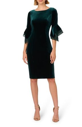 Adrianna Papell Velvet Bell Sleeve Sheath Dress in Hunter at Nordstrom, Size 10