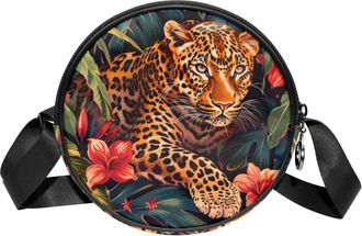 Generic Circle Crossbody Bag for Women, Flower Leopard Small Sling Bag Daypack with Zipper Adjustable Shoulder Straps Casual Ladies Girls Round Purse