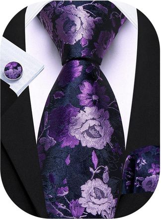 Barry.Wang Floral Tie Mens Purple Blue Rose Silk Necktie Pocket Square Cufflinks Set Wedding Wedding Prom