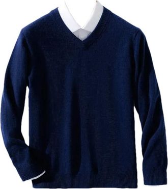 Generic Mens Cashmere Warm Pullovers Sweater V Neck Knit Fit Tops Male Wool Knitwear Jumpers Navy Blue 4XL
