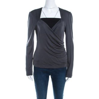 Escada Grey Silk Knit Ruched Crossover Front Long Sleeve Top