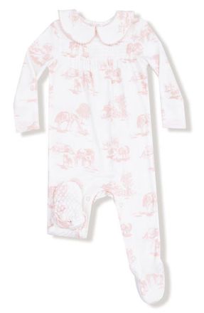 Angel Dear Farm Toile Print Peter Pan Collar Footie in White/Pink at Nordstrom, Size 6-9M