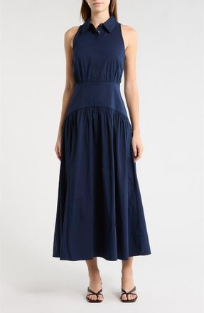 Staud Romy Sleeveless Stretch Cotton Shirtdress in Navy at Nordstrom, Size 00