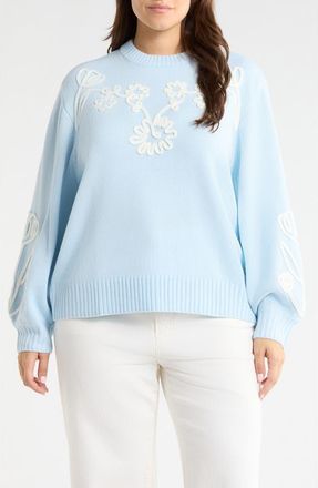 Sugarlips Celestial Floral Embroidered Sweater in Blue-Ivory at Nordstrom, Size 1X