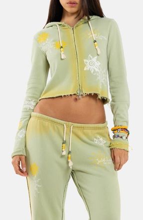 Jaded London Two-Toned Graphic Cropped Full Zip Hoodie in Green at Nordstrom, Size X-Small
