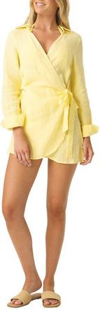 PQ Swim Lily Long Sleeve Linen Cover-Up Wrap Minidress in Buttercup at Nordstrom, Size X-Small