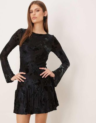 Motel Anyeli - Vestito corto in velluto blu scuro con motivo con foglie