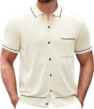 Generic Mens Short Sleeve Cuban Collar Casual Shirt Cuban Collar Shirt Holiday Shirt Knitted Shirt Summer Beach Shirt with Chest Pocket Mens Knitted Polo Shir
