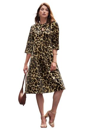 Jessica London Keyhole A Line T Shirt Dress in Brown Painterly Cheetah at Nordstrom, Size Medium