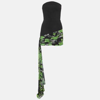 DAVID KOMA Black Crepe And Mesh Rose Print Strapless Mini Dress