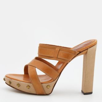 Sergio Rossi Tan Leather Strappy Studded Platform Sandals