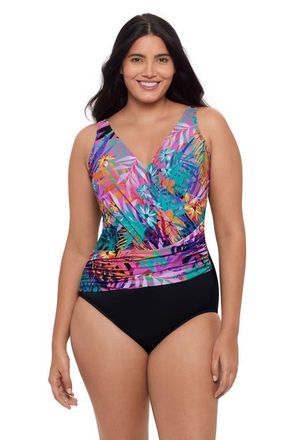 Trimshaper Addison Surplice One-Piece Control Swimsuit in Caribbean Palms at Nordstrom, Size 16