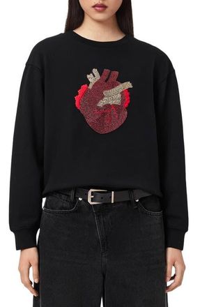 AllSaints Andrea Pippa Embellished Beaded Heart Sweatshirt in Black at Nordstrom, Size X-Small