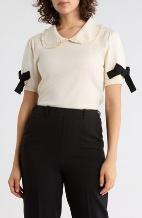 Adrianna Papell Ruffle Peter Pan Collar Short Sleeve Sweater in Cream/Black at Nordstrom Rack, Size X-Small