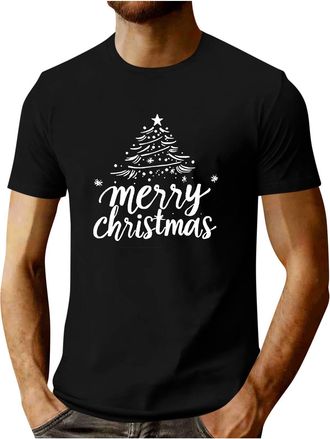 Generic Christmas Shirt for Men Cute Merry Christmas Tree Print Tshirt Xmas Party Casual Holiday Short Sleeve Tee Tops (UK, Alpha, XXL, Regular, Regular, Blac