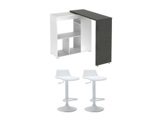 Vente-Unique Conjunto Bar: Mueble de bar SATURNE + 2 taburetes de bar CALAS - Blanco y cemento