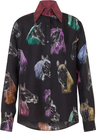 Moschino Black Horse Head Print Contrast Collar Silk Shirt