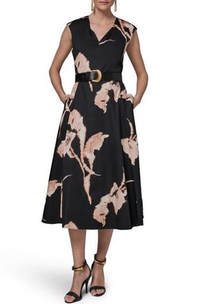 DKNY Abstract Floral Sleeveless Stretch Cotton Midi Dress in Black Multi at Nordstrom, Size 16