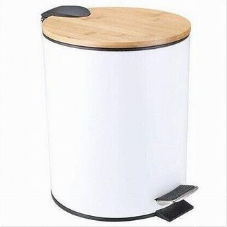 Trade Shop Trade Shop - Pattumiera Acciaio A Pedale 5 Litri Bidone Cestino Spazzatura Bianco Legno 87456