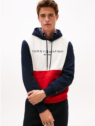 Tommy Hilfiger Mens Colorblock Brushed-Fleece Hoodie - Navy - XXXL