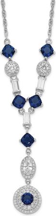 Diamond2Deal Sterling Silver Cushion-cut Blue Glass and Cubic Zirconia Dangle Y-Drop Necklace 18