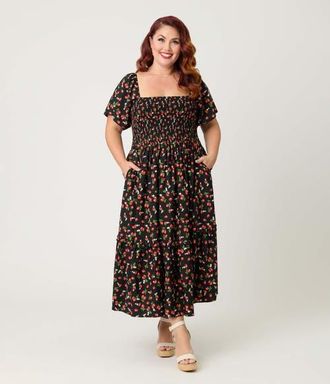 Unique Vintage Plus Size Smocked Bodice Midi Dress in Black W/strawberry Print at Nordstrom, Size 5X