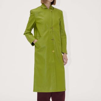 Stine Goya Womens Long Single Breasted Coat in Green Pu - Size X-Large