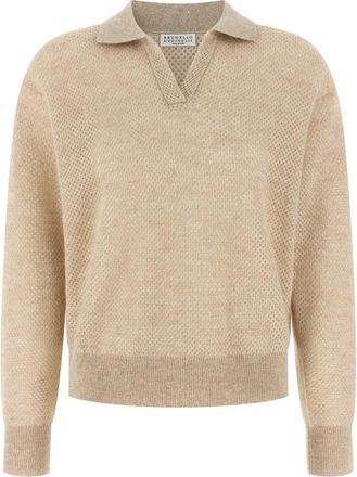 Brunello Cucinelli Polo shirt met wafelstructuur - Dames - V-hals truien - Geel - M - Katoen - Truien & Vesten