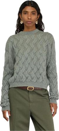 Semicouture Mohair trui met kabels - Dames - Ronde hals truien - Groen - L - Satijn - Truien & Vesten