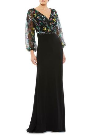 Mac Duggal Embroidered Illusion Puff Sleeve Column Gown in Black/multi at Nordstrom, Size 16