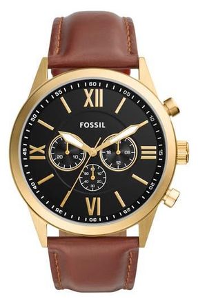 Fossil Flynn Chronograph Leather Strap Watch, 48mm in Gold at Nordstrom Rack