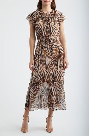 Julia Jordan Flutter Sleeve Midi Dress in Brown Multi at Nordstrom, Size 10